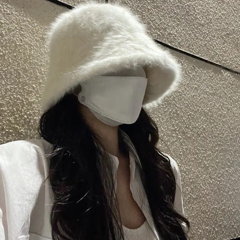 Korean Rabbit Fur Bucket Hat Winter Warm Fluffy Fur Fisherman Cap for Women Solid Color Thick Plush Basin Hats