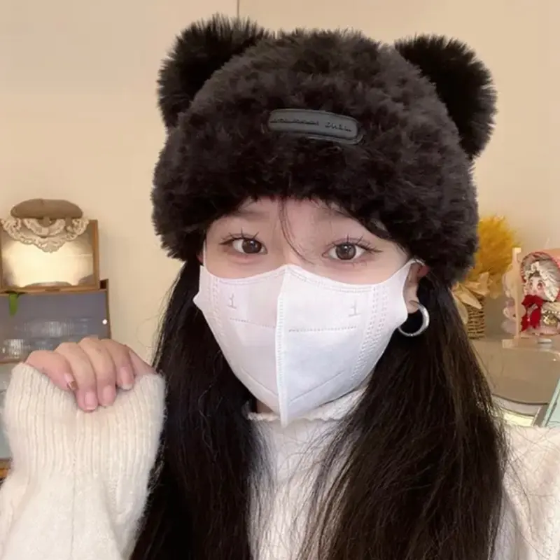 Cute Bear Ears Knitted Woolen Hat Winter Warm Plush Beanie Cap Lovely Cartoon Solid Color Faux Fur Skullcap