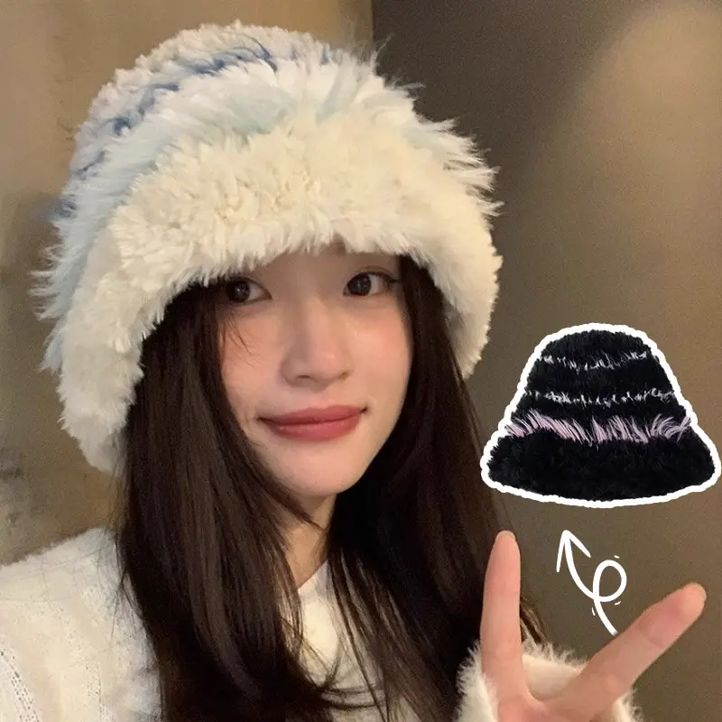 Winter Fluffy Fur Beanies for Women Y2K Korean Stripe Knitted Hat Outdoor Windproof Female Lady Plush Skullcaps Bonnet