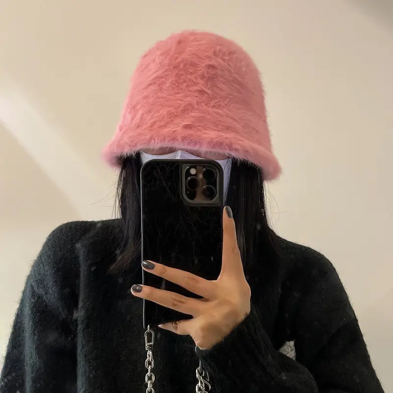 Korean Rabbit Fur Bucket Hat Winter Warm Fluffy Fur Fisherman Cap for Women Solid Color Thick Plush Basin Hats