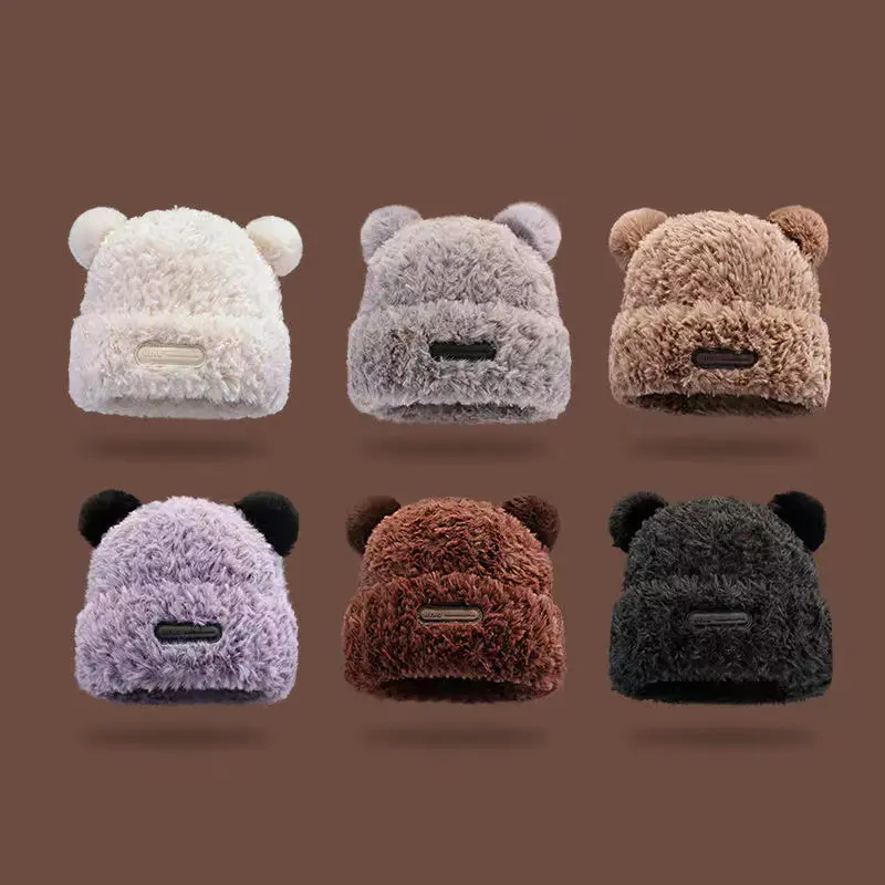 Cute Bear Ears Knitted Woolen Hat Winter Warm Plush Beanie Cap Lovely Cartoon Solid Color Faux Fur Skullcap