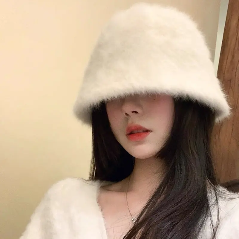 Korean Rabbit Fur Bucket Hat Winter Warm Fluffy Fur Fisherman Cap for Women Solid Color Thick Plush Basin Hats