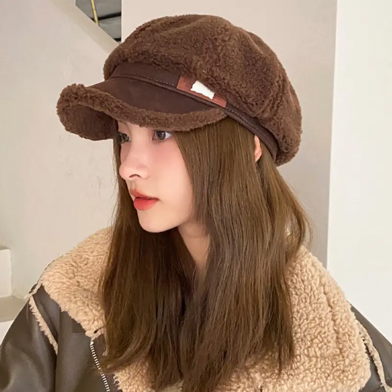 Winter Warm Plush Beret Hat for Women Korean Thicken Lamb Wool Octagonal Cap Vintage Lady Girl Painter Artist Hats