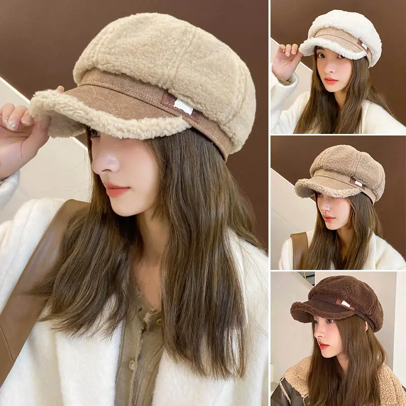 Winter Warm Plush Beret Hat for Women Korean Thicken Lamb Wool Octagonal Cap Vintage Lady Girl Painter Artist Hats