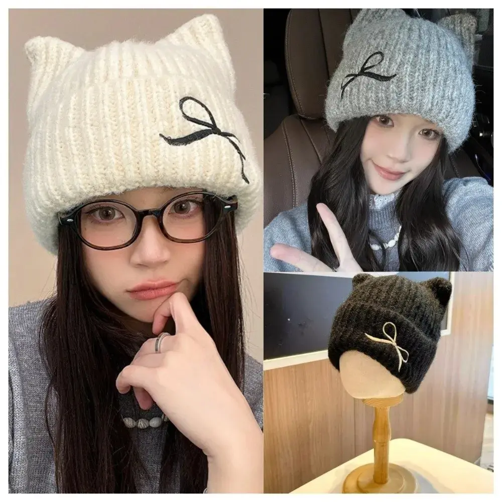 Winter Knit Beanies for Women Solid Color Bow Embroidered Woolen Hat Cat Ears Female Lady Cuffed Pullover Cap