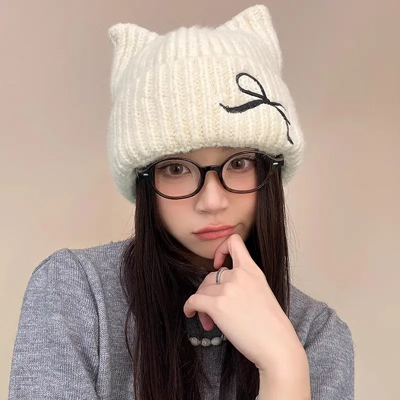 Winter Knit Beanies for Women Solid Color Bow Embroidered Woolen Hat Cat Ears Female Lady Cuffed Pullover Cap