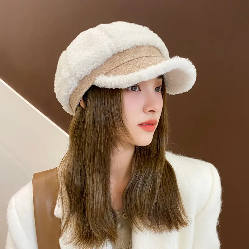 Winter Warm Plush Beret Hat for Women Korean Thicken Lamb Wool Octagonal Cap Vintage Lady Girl Painter Artist Hats