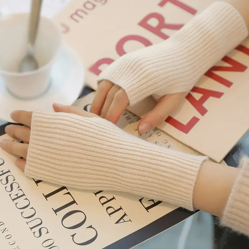 Solid Women Half Finger Gloves Winter Soft Warm Wool Knitting Arm Gloves Girls Korean Writing Fingerless Mittens Guantes