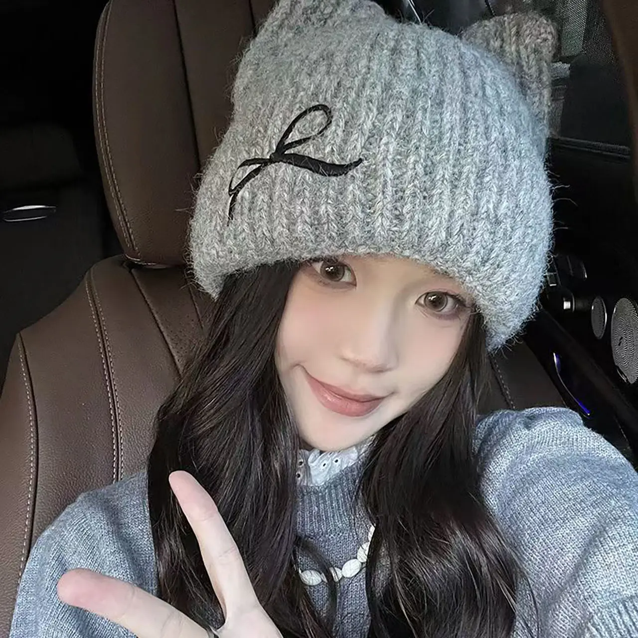 Winter Knit Beanies for Women Solid Color Bow Embroidered Woolen Hat Cat Ears Female Lady Cuffed Pullover Cap