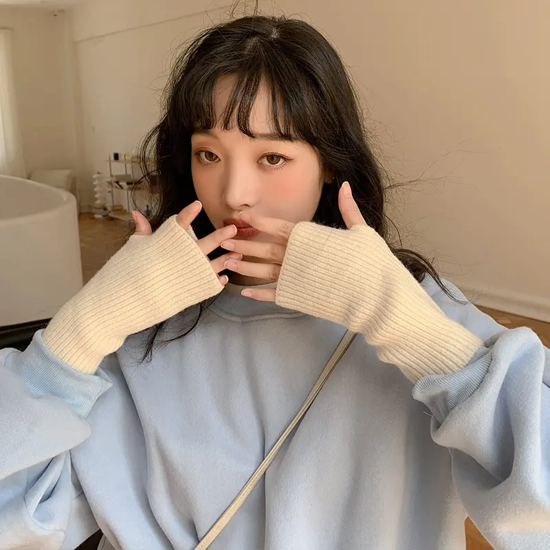 Solid Women Half Finger Gloves Winter Soft Warm Wool Knitting Arm Gloves Girls Korean Writing Fingerless Mittens Guantes