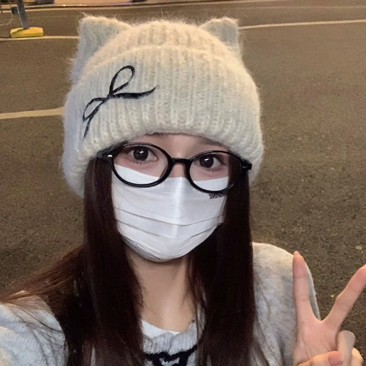 Winter Knit Beanies for Women Solid Color Bow Embroidered Woolen Hat Cat Ears Female Lady Cuffed Pullover Cap