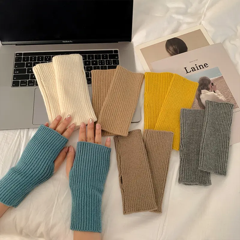 Solid Women Half Finger Gloves Winter Soft Warm Wool Knitting Arm Gloves Girls Korean Writing Fingerless Mittens Guantes
