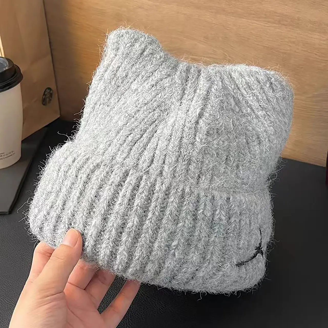 Winter Knit Beanies for Women Solid Color Bow Embroidered Woolen Hat Cat Ears Female Lady Cuffed Pullover Cap