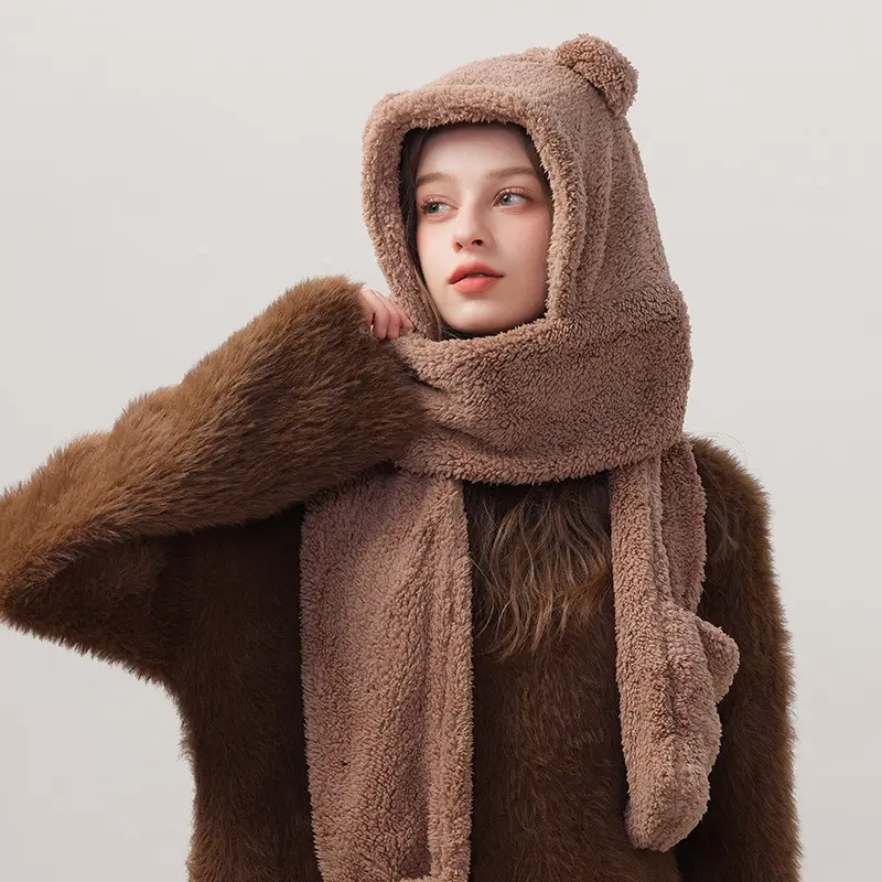 Cute Bear Ear Plush Hat Scarf Gloves Set Winter Warm Fur Beanies Caps Solid Color Cartoon Fleece Hoodie Hats
