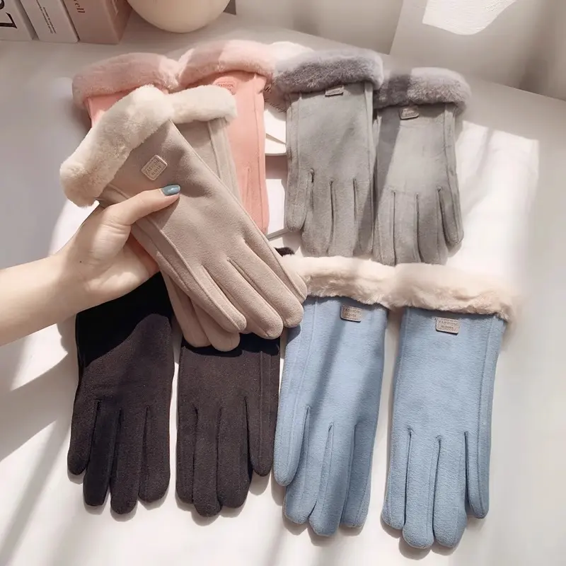 Winter Suede Gloves for Women Thicken Plush Lining Mittens Solid Color Warm Faux Fur Full Finger Gloves