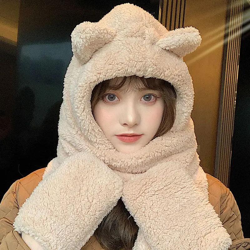 Cute Bear Ear Plush Hat Scarf Gloves Set Winter Warm Fur Beanies Caps Solid Color Cartoon Fleece Hoodie Hats