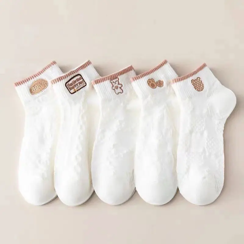 5Pairs/Set White Cotton Socks Women Korean Cute Cartoon Bear Short Socks Summer Casual Breathable Mesh Socks