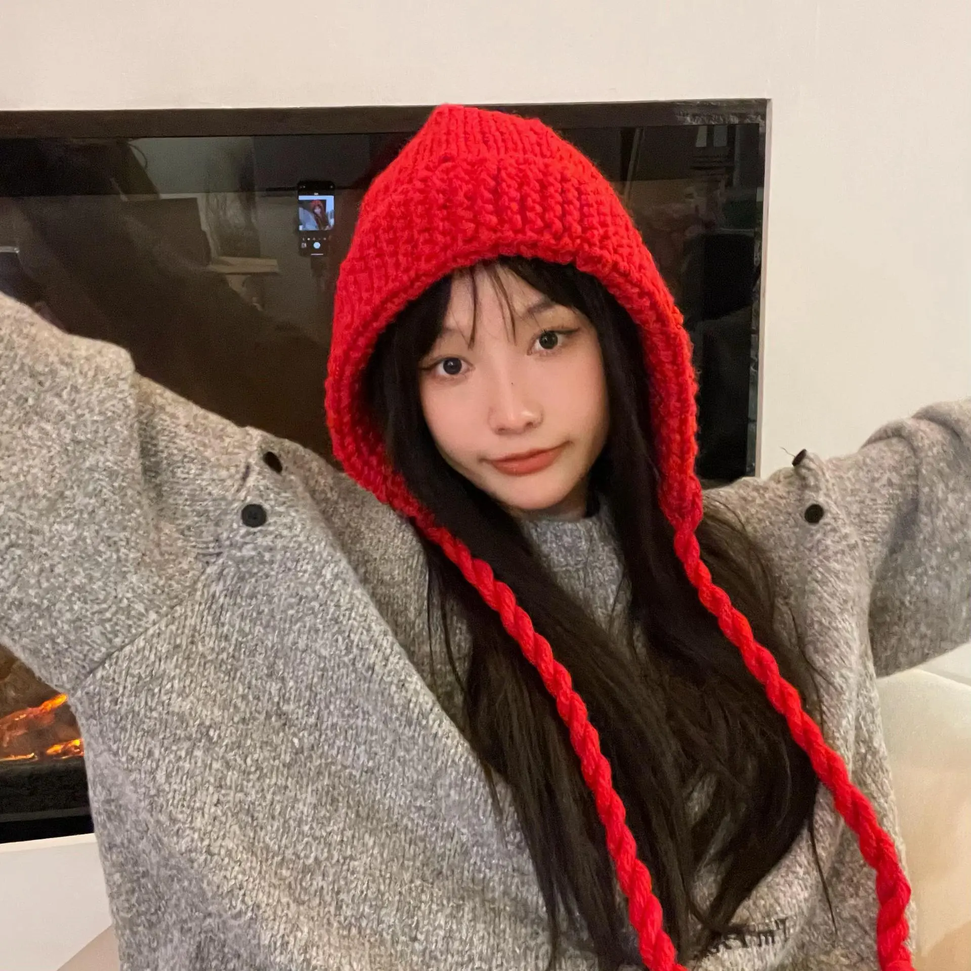 Winter Warm Woolen Hat for Women Handwoven Ear Protection Knitted Hat Korean Solid Color Lacing Bonnet Red Christmas Hats