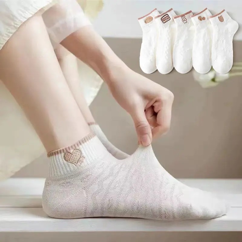 5Pairs/Set White Cotton Socks Women Korean Cute Cartoon Bear Short Socks Summer Casual Breathable Mesh Socks