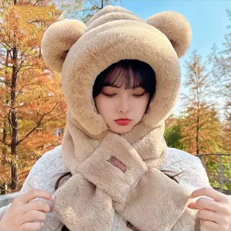 Winter Hooded Scarf Hat Gloves Set Cute Bear Plush Ear Protection Cap for Women Cartoon Fluffy Fur Balaclava Hats