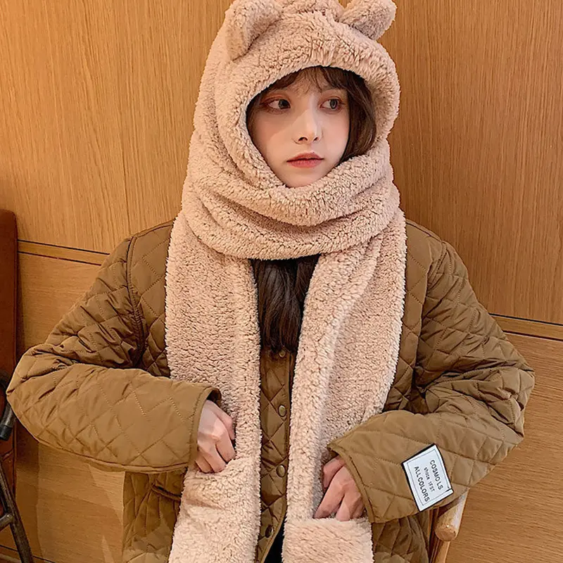 Cute Bear Ear Plush Hat Scarf Gloves Set Winter Warm Fur Beanies Caps Solid Color Cartoon Fleece Hoodie Hats