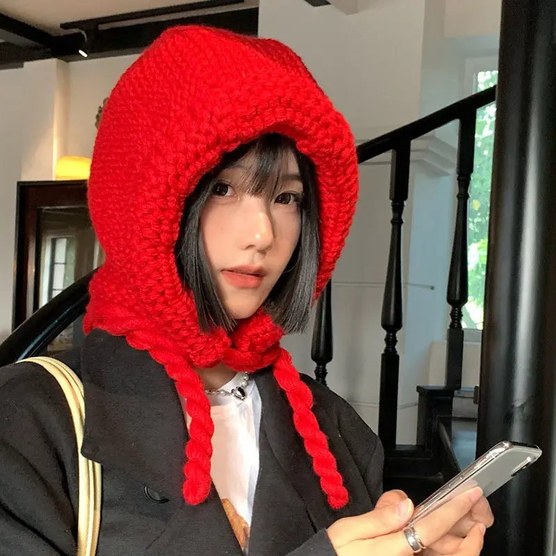 Winter Warm Woolen Hat for Women Handwoven Ear Protection Knitted Hat Korean Solid Color Lacing Bonnet Red Christmas Hats