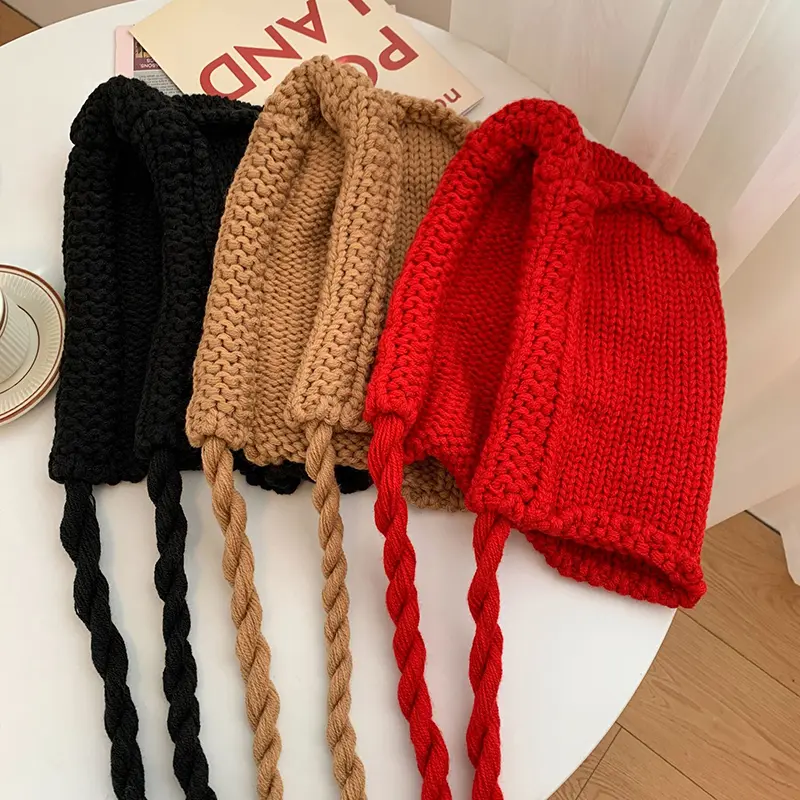 Winter Warm Woolen Hat for Women Handwoven Ear Protection Knitted Hat Korean Solid Color Lacing Bonnet Red Christmas Hats