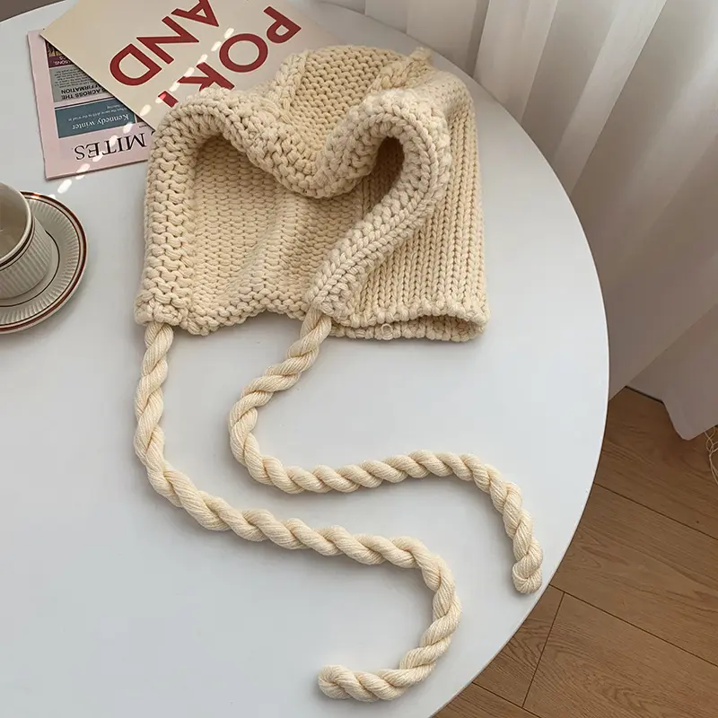 Winter Warm Woolen Hat for Women Handwoven Ear Protection Knitted Hat Korean Solid Color Lacing Bonnet Red Christmas Hats
