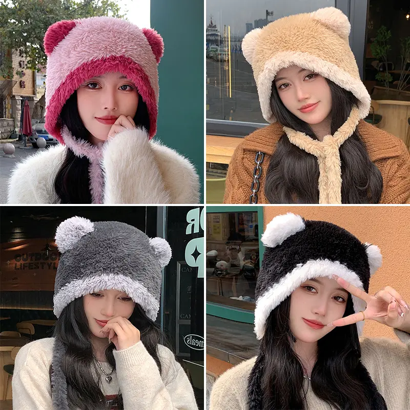 Cute Bear Ear Plush Hat Women Winter Thicken Warm Ear Protection Cap Female Lady Korean Lamb Fleece Lacing Beanie Caps
