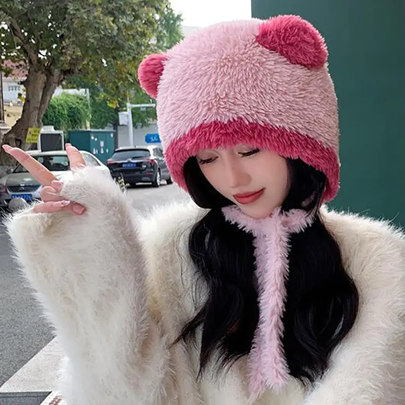 Cute Bear Ear Plush Hat Women Winter Thicken Warm Ear Protection Cap Female Lady Korean Lamb Fleece Lacing Beanie Caps