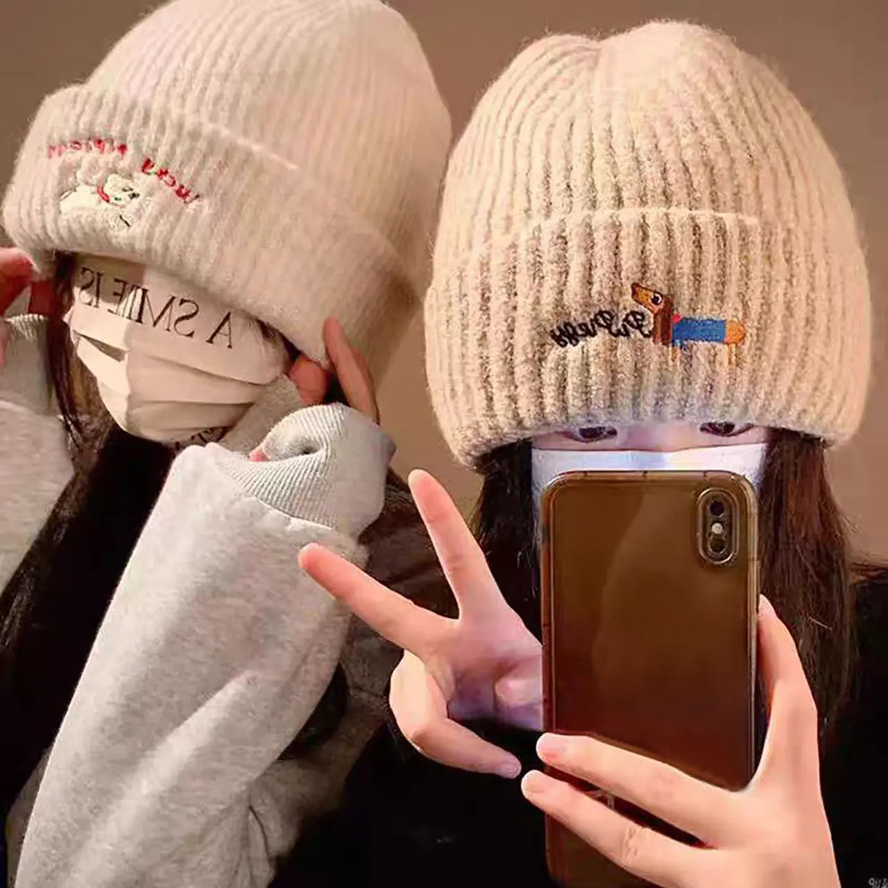Cute Dog Embroidered Beanie Cap for Women Winter Warm Knitted Wool Hat Korean Solid Color Pullover Caps