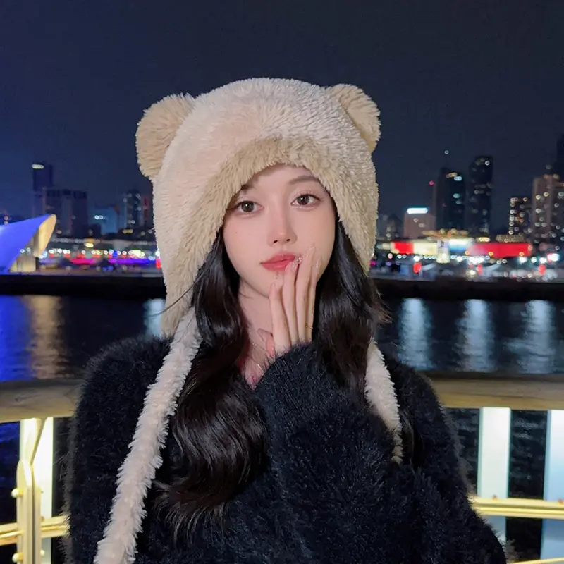 Cute Bear Ear Plush Hat Women Winter Thicken Warm Ear Protection Cap Female Lady Korean Lamb Fleece Lacing Beanie Caps