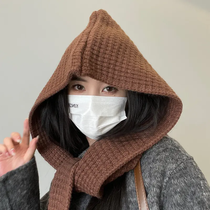 Winter Knit Balaclava Hat Korean Warm Beanies Cap Scarf One Piece Thicken Woolen Female Hooded Caps Scarf Bib Bonnet