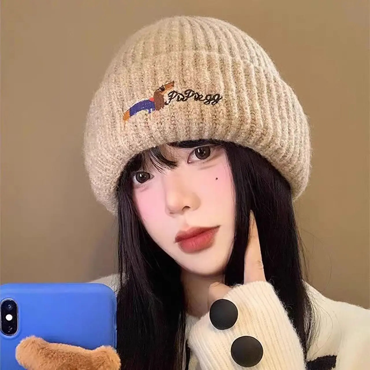 Cute Dog Embroidered Beanie Cap for Women Winter Warm Knitted Wool Hat Korean Solid Color Pullover Caps