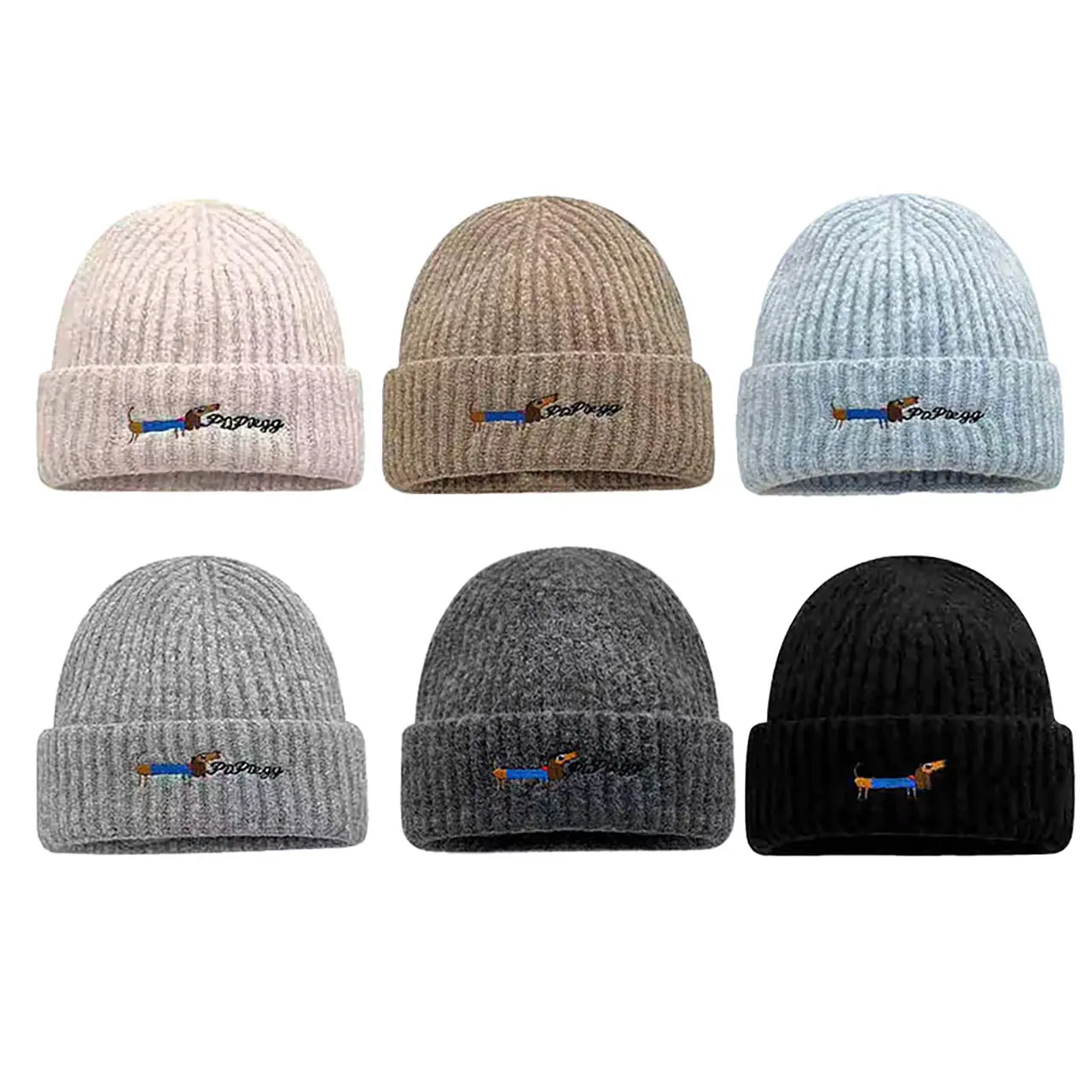 Cute Dog Embroidered Beanie Cap for Women Winter Warm Knitted Wool Hat Korean Solid Color Pullover Caps