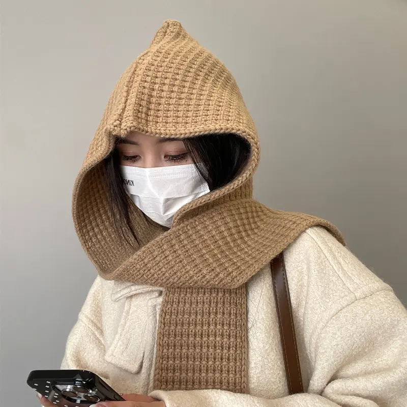 Winter Knit Balaclava Hat Korean Warm Beanies Cap Scarf One Piece Thicken Woolen Female Hooded Caps Scarf Bib Bonnet