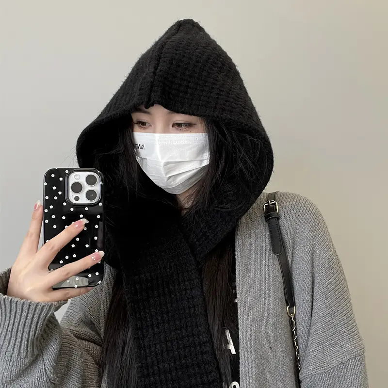 Winter Knit Balaclava Hat Korean Warm Beanies Cap Scarf One Piece Thicken Woolen Female Hooded Caps Scarf Bib Bonnet