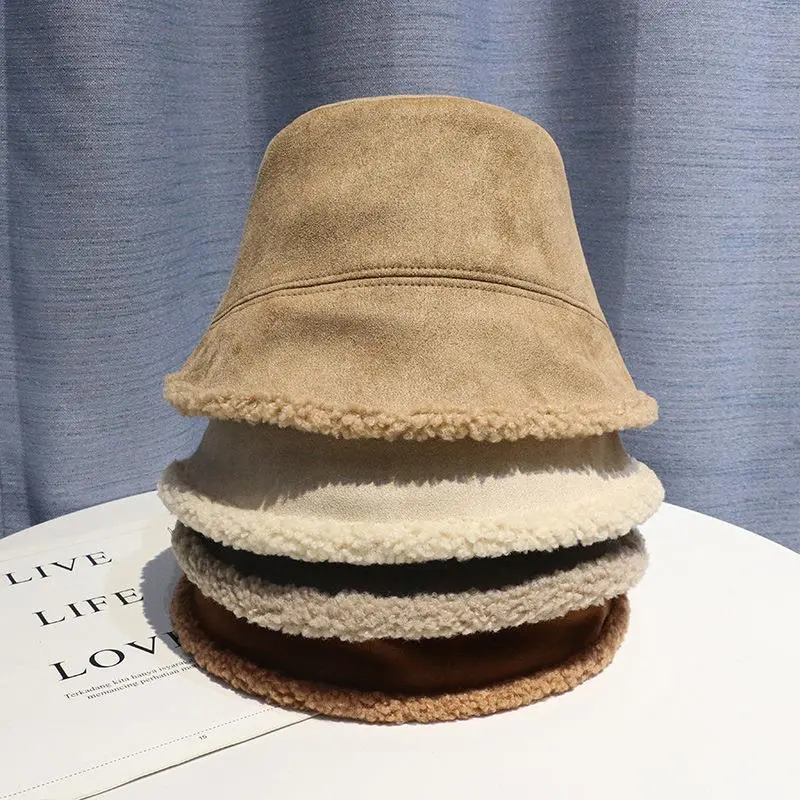 Winter Lamb Fleece Bucket Hat for Women Solid Color Plush Lining Fisherman Cap Outdoor Warm Thicken Basin Caps