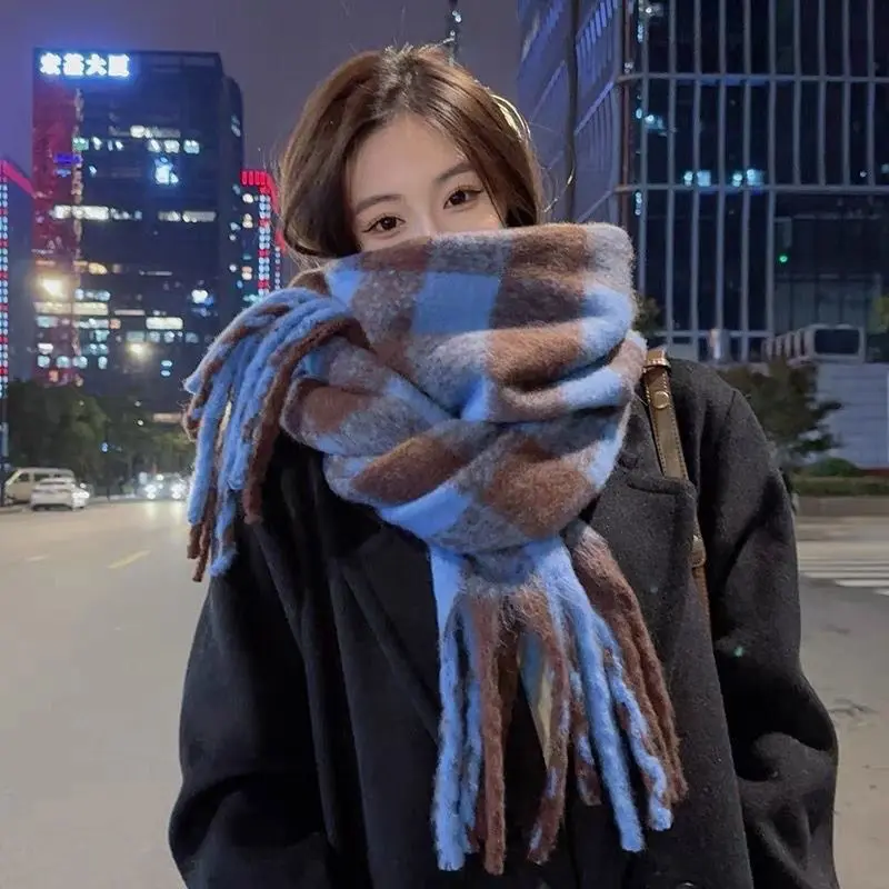 Winter Wool Scarf for Women Korean Black White Plaid Warm Scarves Thicken Warm Knitted Shawl Girls Neckerchief