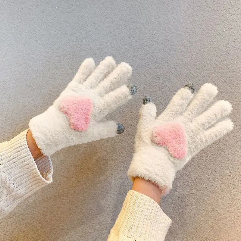 Korean Love Plush Gloves Women Autumn Winter Warm Fleece Mittens Female Touch Screen Riding Ski Full Finger Gloves
