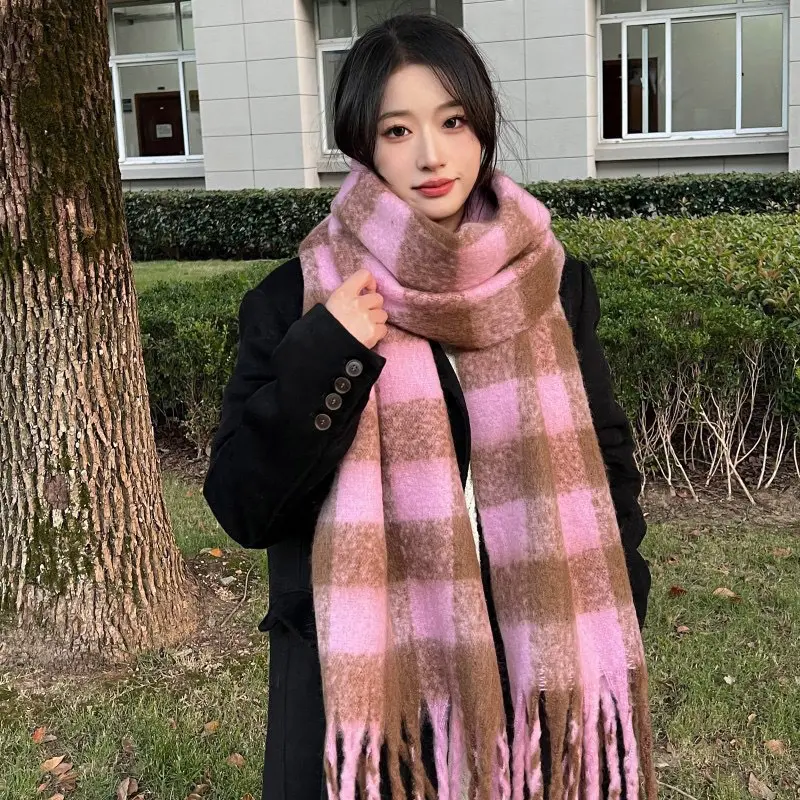 Winter Wool Scarf for Women Korean Black White Plaid Warm Scarves Thicken Warm Knitted Shawl Girls Neckerchief