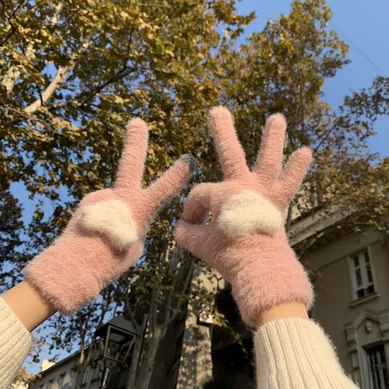 Korean Love Plush Gloves Women Autumn Winter Warm Fleece Mittens Female Touch Screen Riding Ski Full Finger Gloves