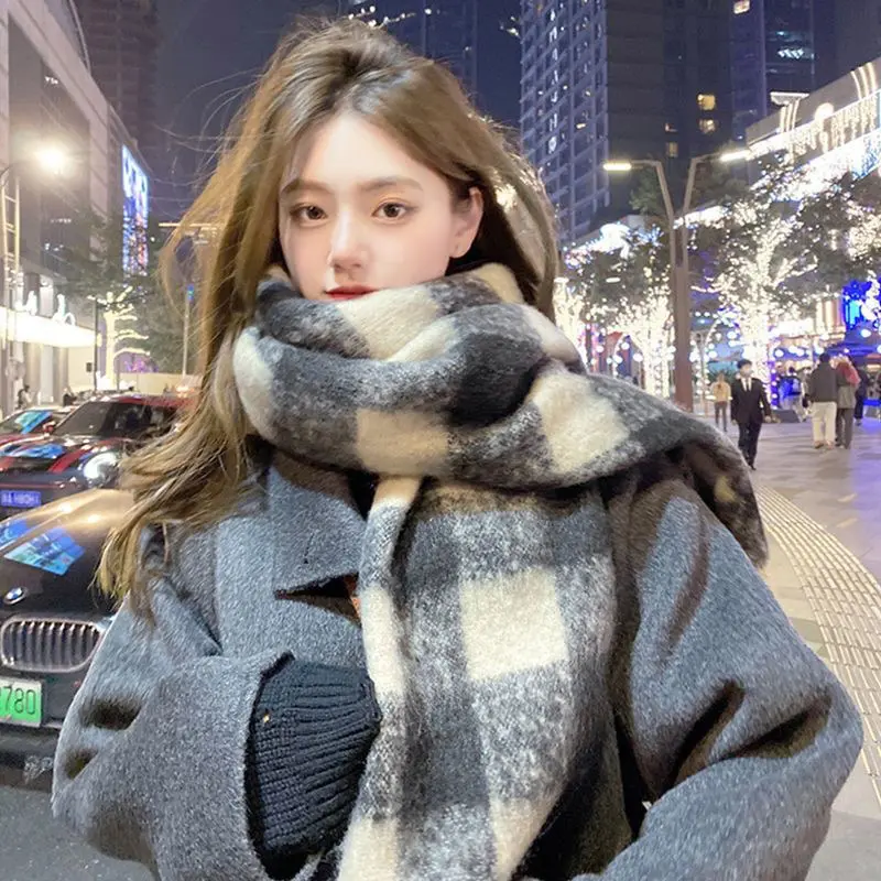 Winter Wool Scarf for Women Korean Black White Plaid Warm Scarves Thicken Warm Knitted Shawl Girls Neckerchief