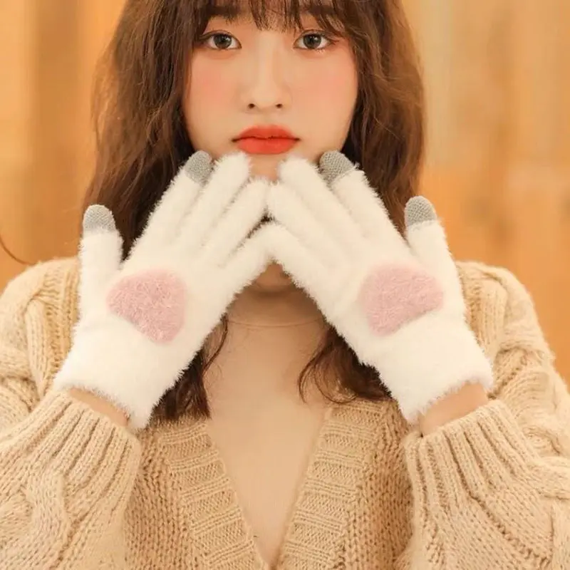 Korean Love Plush Gloves Women Autumn Winter Warm Fleece Mittens Female Touch Screen Riding Ski Full Finger Gloves