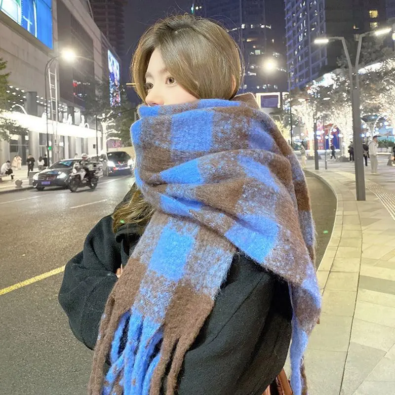 Winter Wool Scarf for Women Korean Black White Plaid Warm Scarves Thicken Warm Knitted Shawl Girls Neckerchief