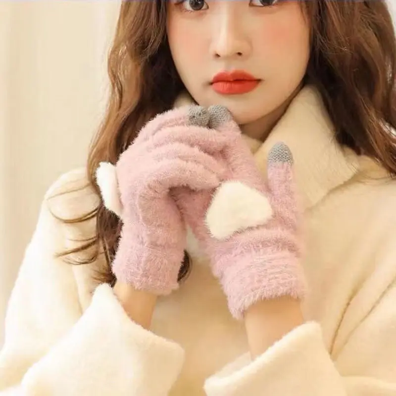 Korean Love Plush Gloves Women Autumn Winter Warm Fleece Mittens Female Touch Screen Riding Ski Full Finger Gloves