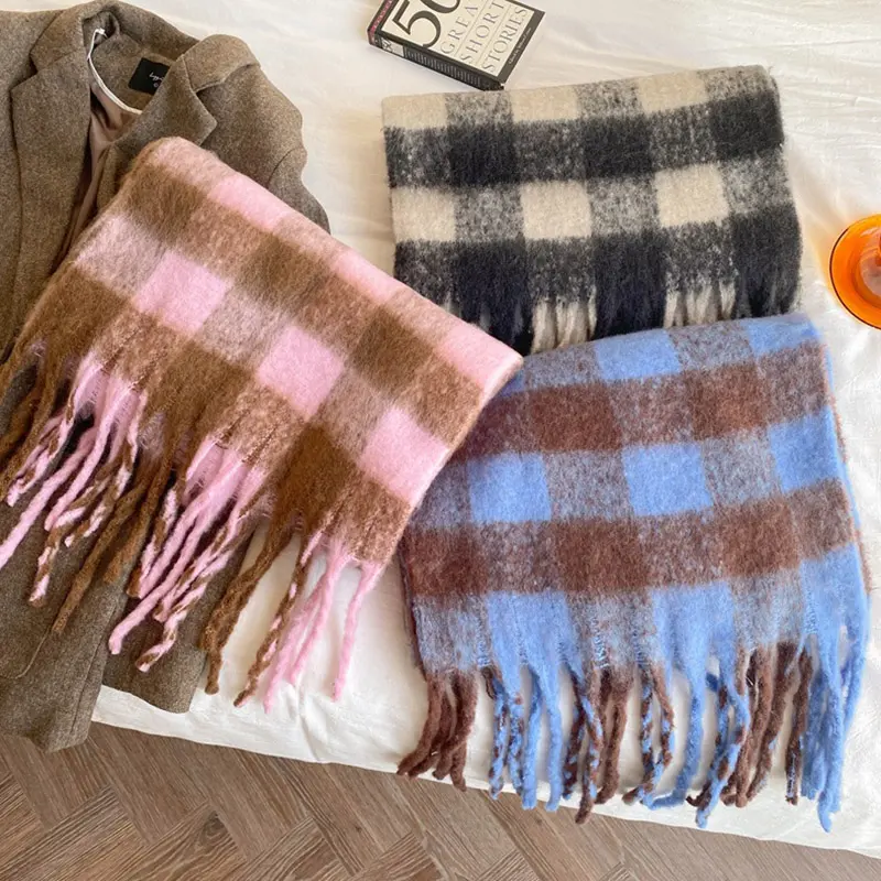 Winter Wool Scarf for Women Korean Black White Plaid Warm Scarves Thicken Warm Knitted Shawl Girls Neckerchief