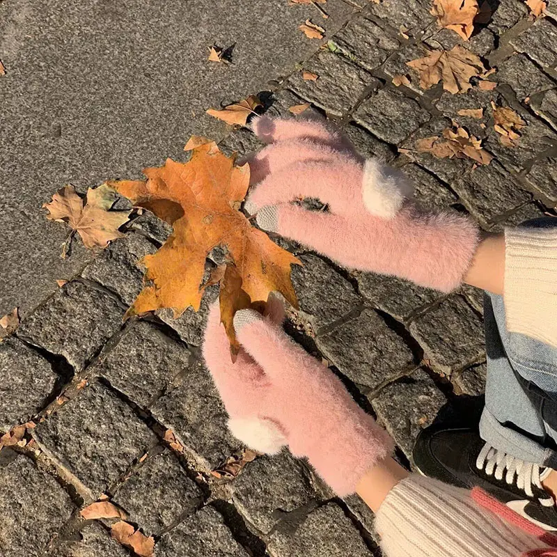 Korean Love Plush Gloves Women Autumn Winter Warm Fleece Mittens Female Touch Screen Riding Ski Full Finger Gloves