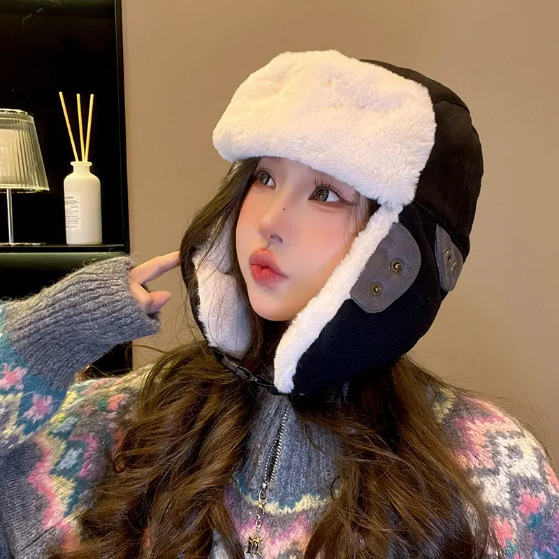 Fluffy Fur Bomber Hat for Women Men Winter Thick Warm Plush Ushanka Cap Outdoor Windproof Ski Cycling Caps with Earmuff