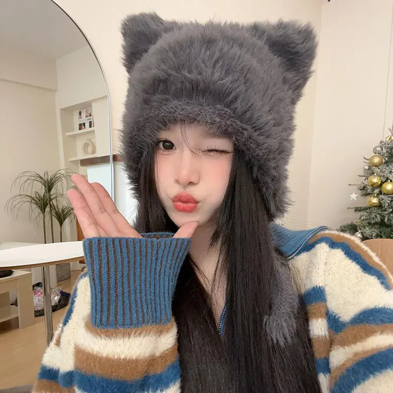 Winter Plush Women Hat Cute Bear Ear Protection Beanie Cap for Girls Female Kawaii Solid Color Faux Fur Warm Earmuffs Caps